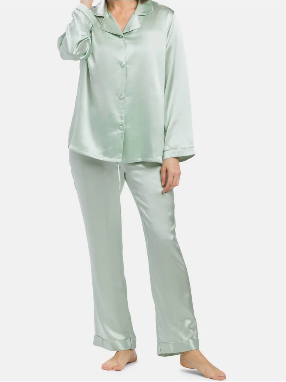 Fishers Finery 100% Mulberry Silk Full Length Pajama Set in Mint Light Green